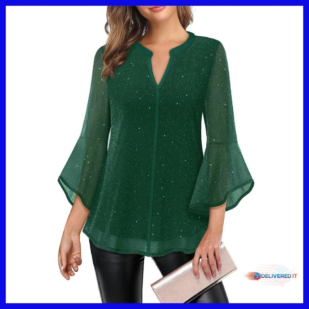 Women's Mesh 3/4 Sleeve Tunic Top Loose Fit Layered Blouse